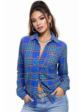 Vintage 90s Y2K Hollister Womens M Blue Plaid Button-Down L/S Logo Cotton Shirt
